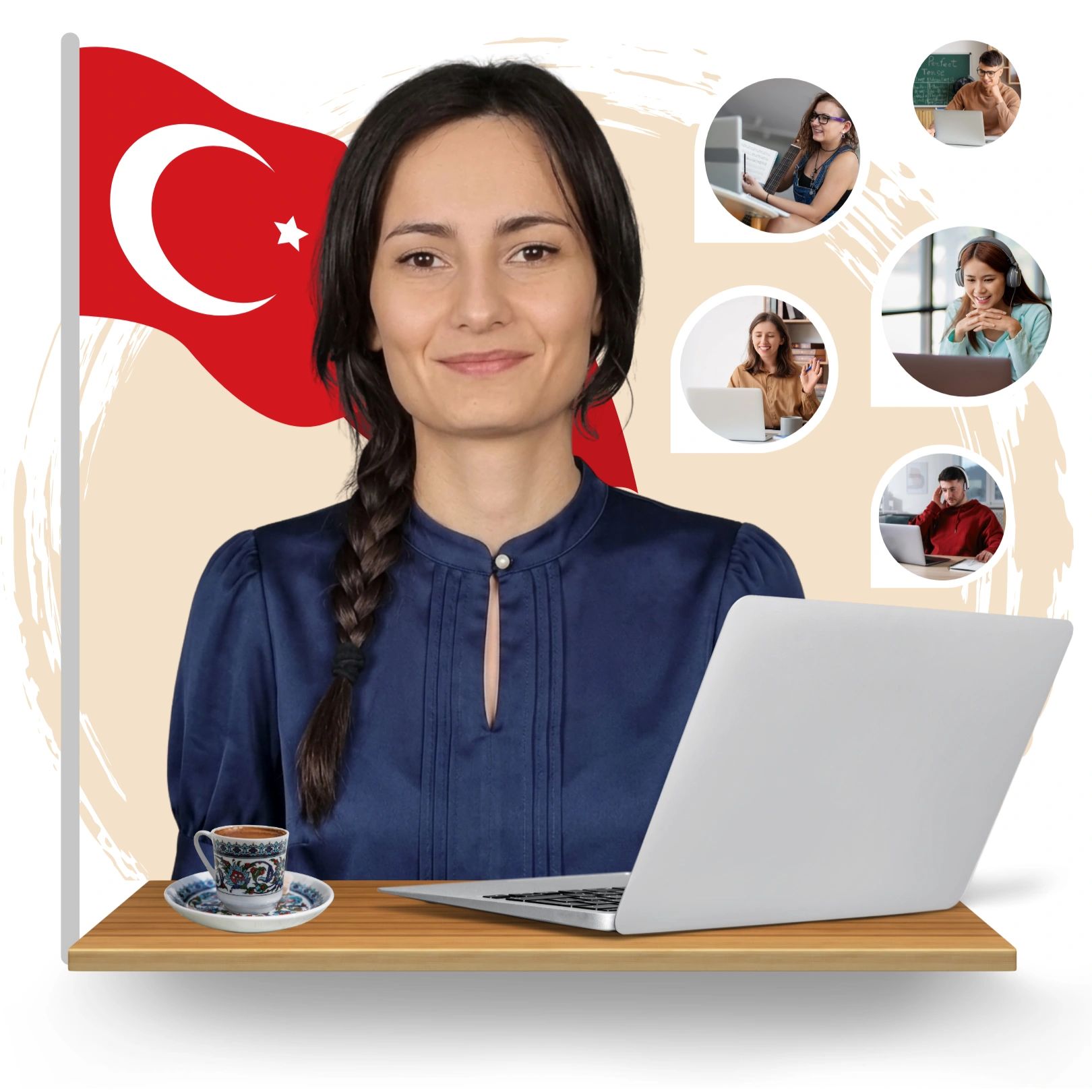 Turkish woman teaching online with Turkish flag and students on video calls.