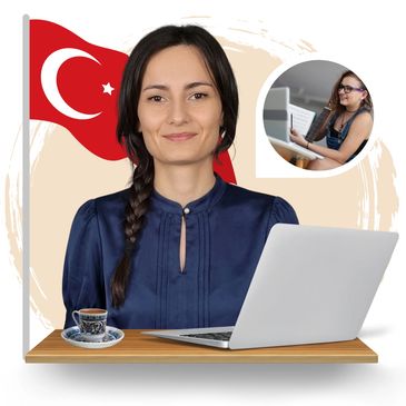 Woman working on laptop with Turkish flag in background and a small inset of another woman on computer.