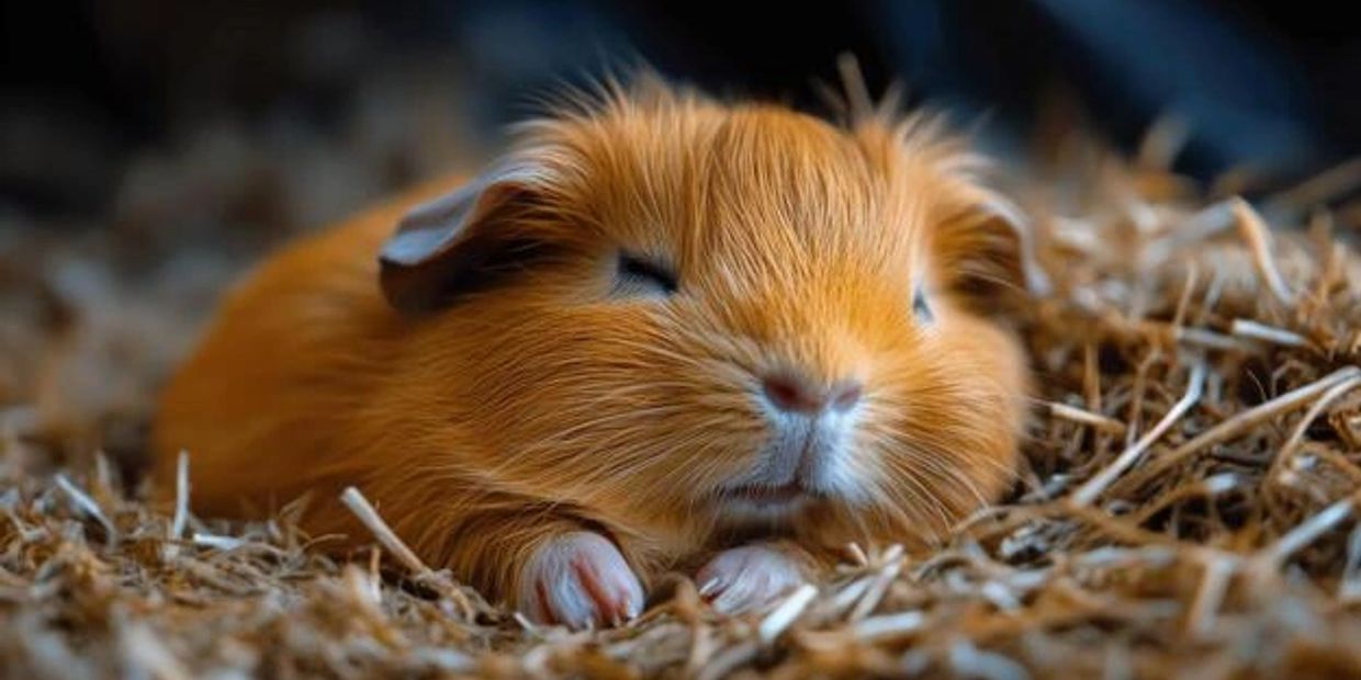 A close-up of a sleepy brown guinea pig resting on straw bedding.