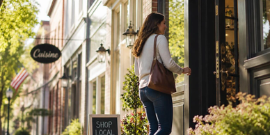 Woman enters a local shop on a sunny day.