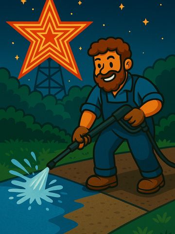 Man with a beard power washing outdoors at night with a large star decoration in the background.