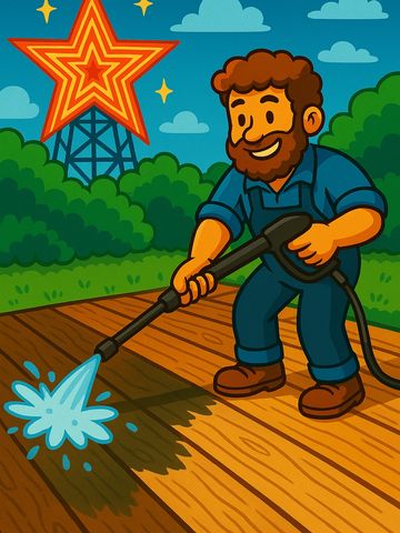 A cheerful man pressure washing a wooden deck outdoors at dusk.