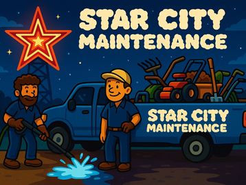 Two workers with maintenance tools beside a blue truck under a glowing star.