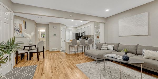 Modern open living room with kitchen and dining area.