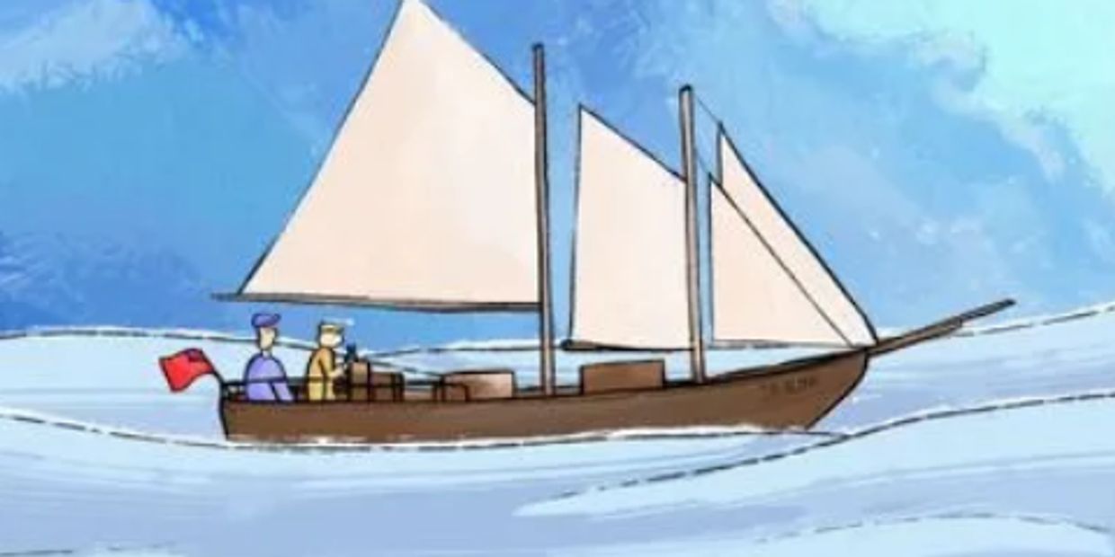 Illustrated cartoon ship on the ocean