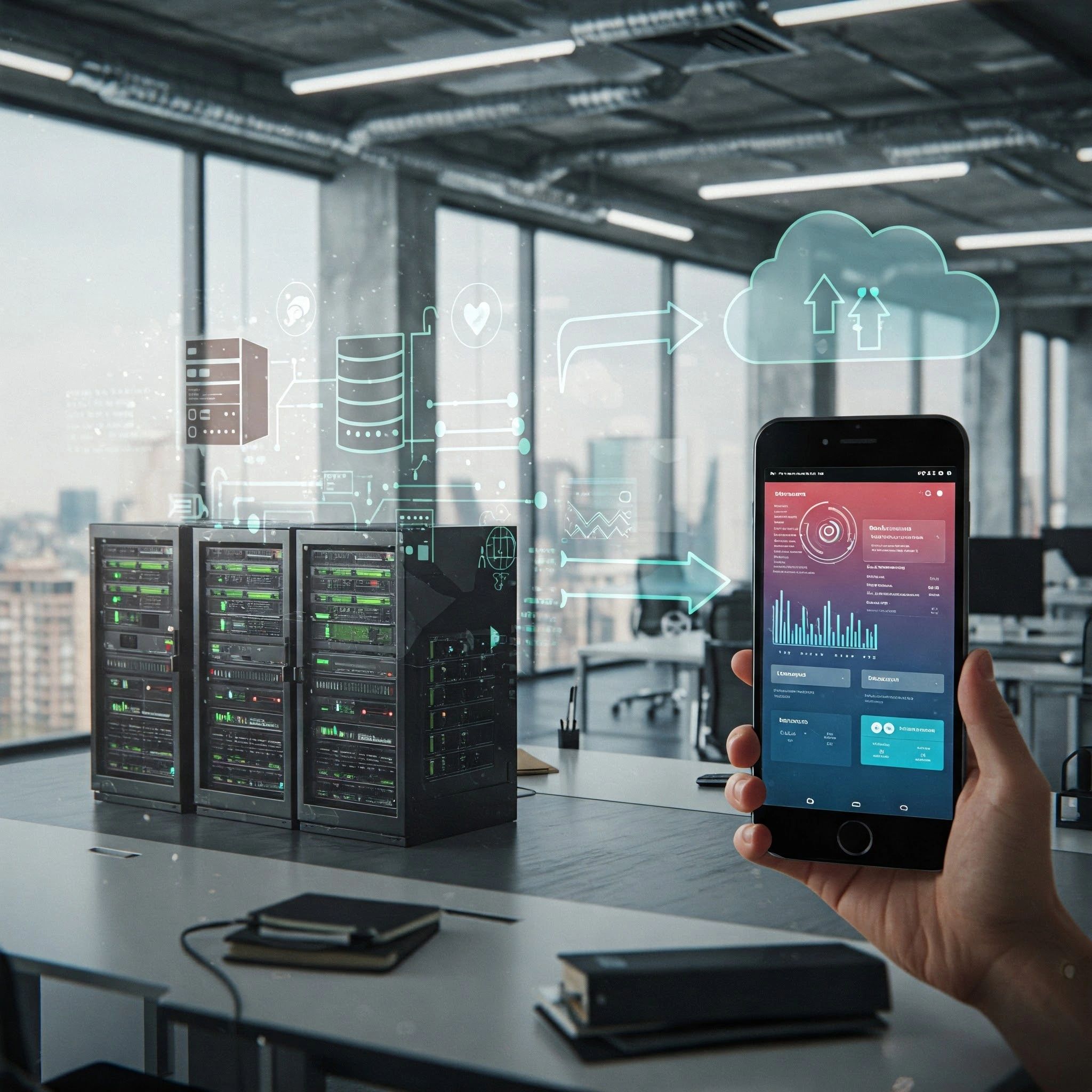 Servers in the background with a hand holding a cellphone