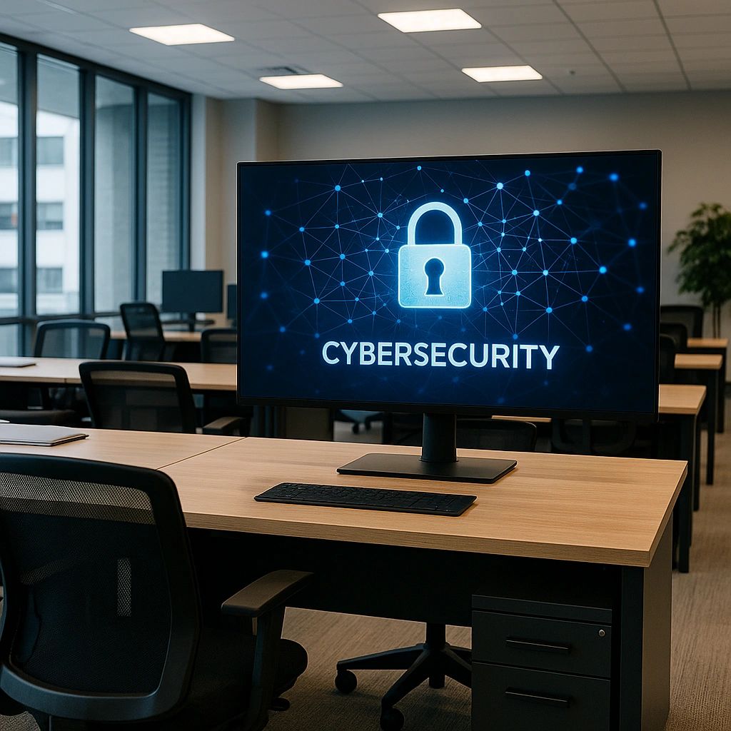 A modern office environment with desks, chairs, and a screen displaying a cybersecurity network.