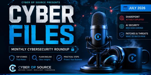 Cyber Files July 2026 cybersecurity roundup with microphone and headset.