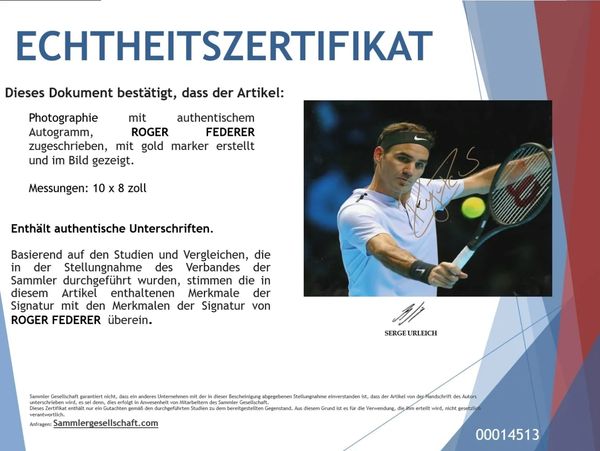 Echtheitszertifikat für Roger Federer Autogramm auf Foto.