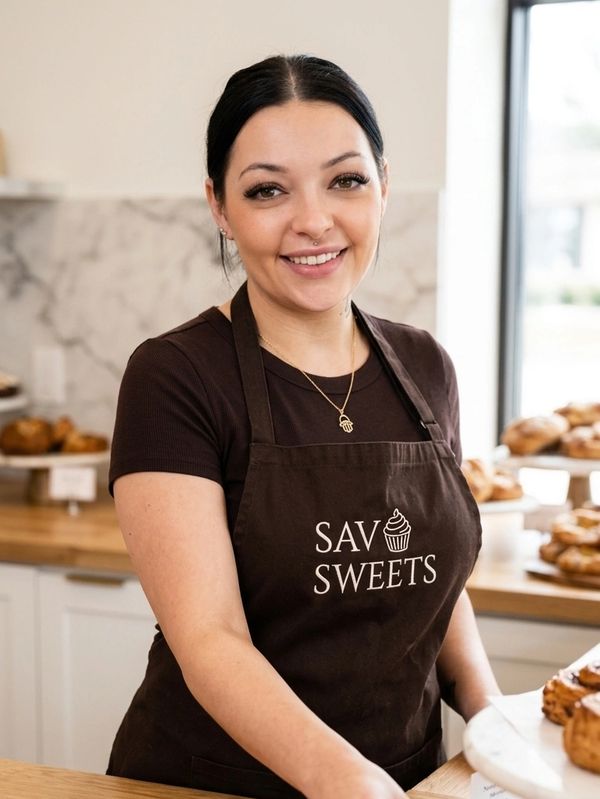 Smiling bakery employee wearing a SAV SWEETS apron.
