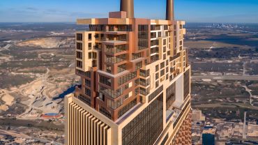Top view of a modern skyscraper with a unique design.