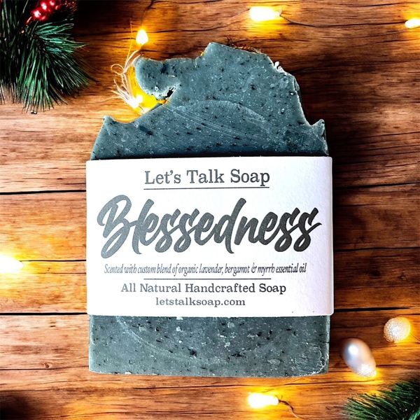 BLUE SOAP. CHRISTMAS THEME. NAME OF SOAP BLESSEDNESS.