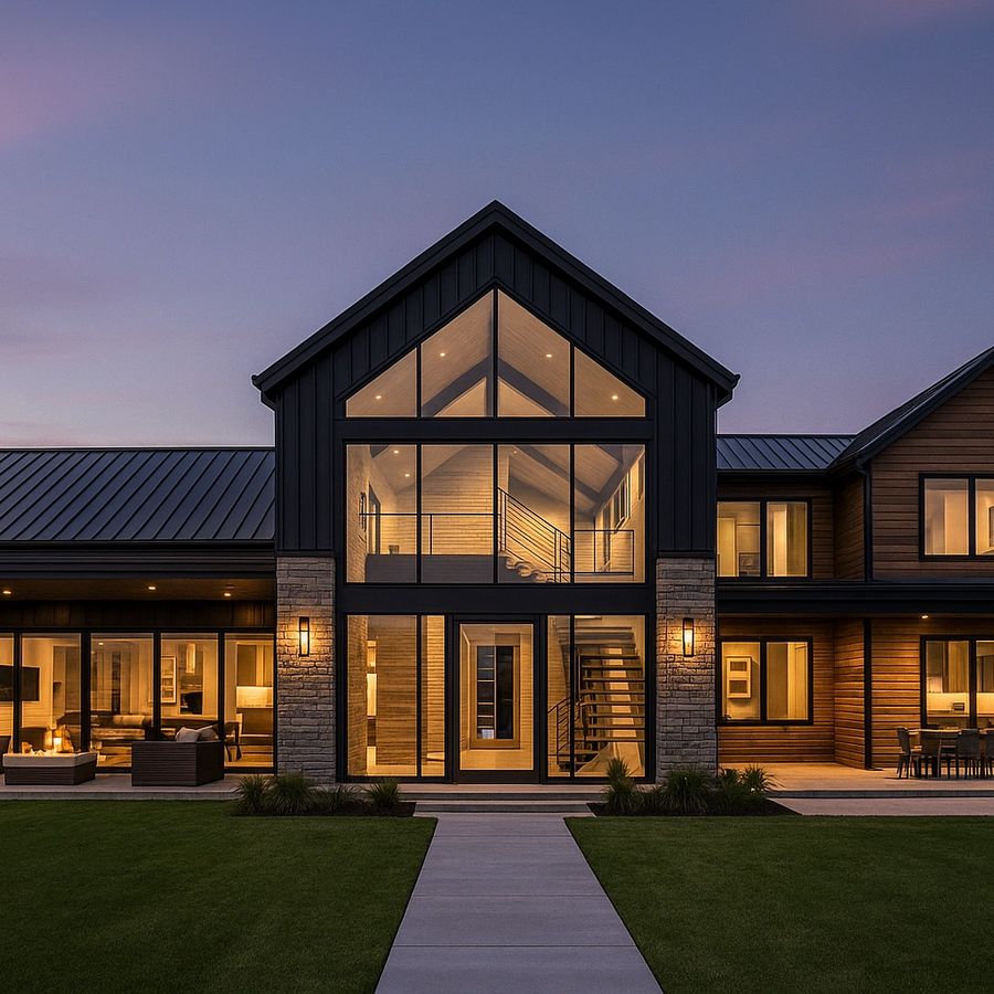 Modern barndominium exterior at twilight