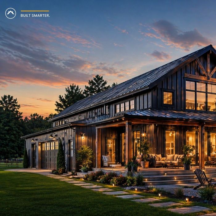 Barndominium covered porch at sunset