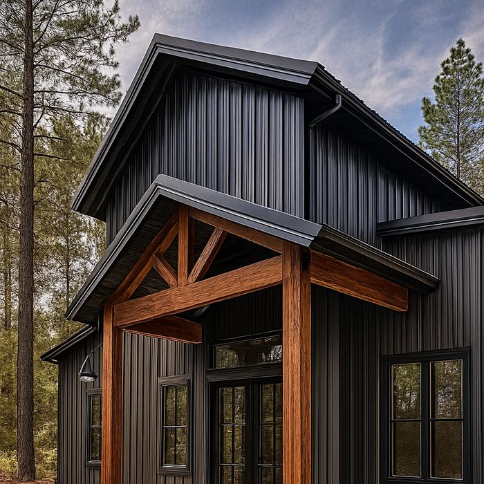 Contemporary metal-framed home with mixed materials