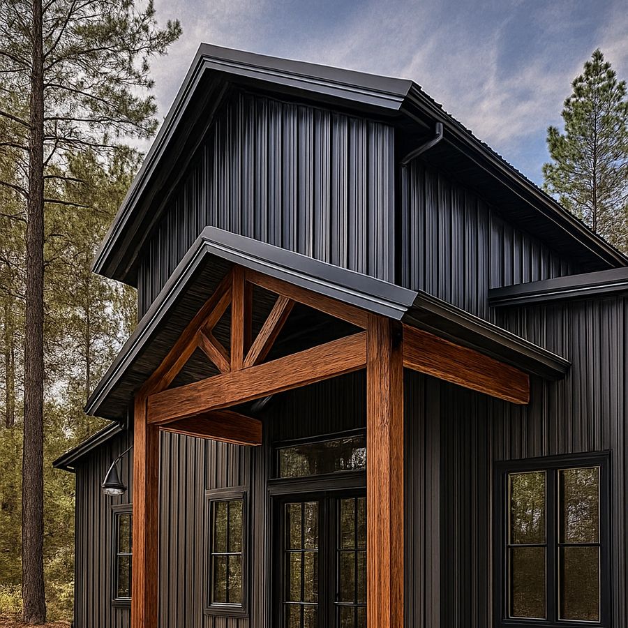 Modern metal-framed home with timber accents in a wooded setting
