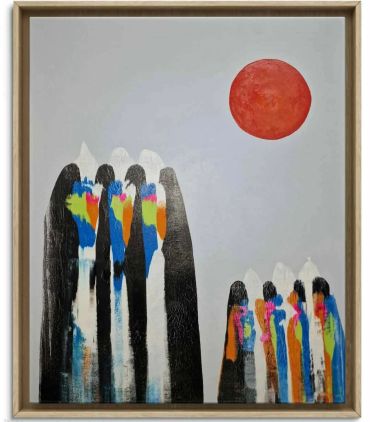 Abstract painting of figures under a red sun with colorful accents.