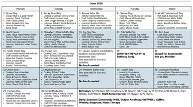 June 2026 calendar with daily themed activities and meal plans for a senior community.
