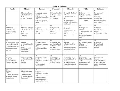 June 2026 menu schedule with daily breakfast and lunch options.