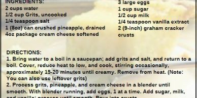 Recipe for Pineapple Grits Pie with ingredients and directions.