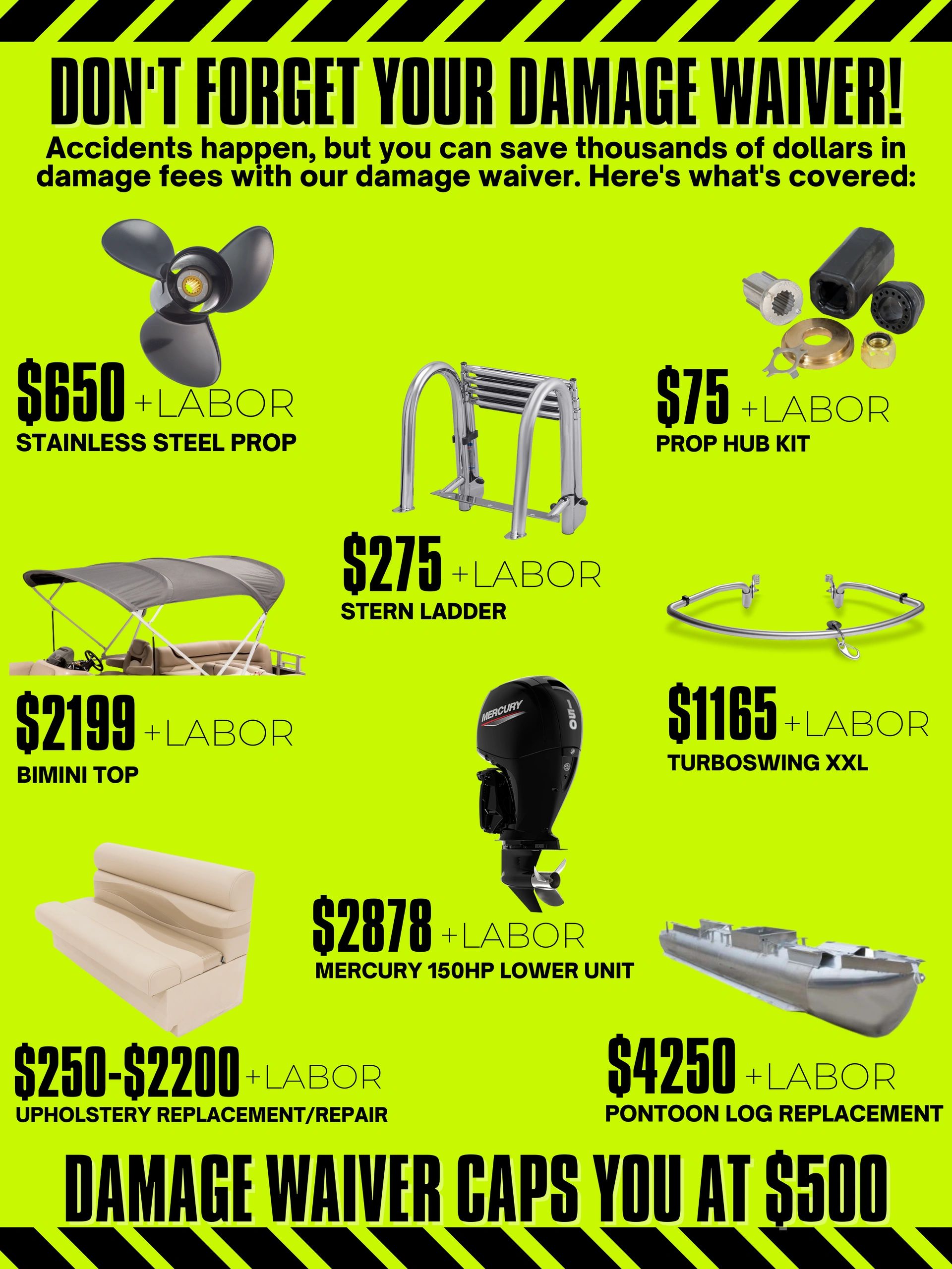 Bright green damage waiver poster with boat parts and prices.