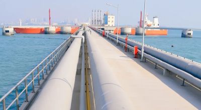 Long pipeline extending into a port area.
