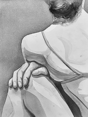 Black and white watercolor painting of a woman sitting with her back turned.