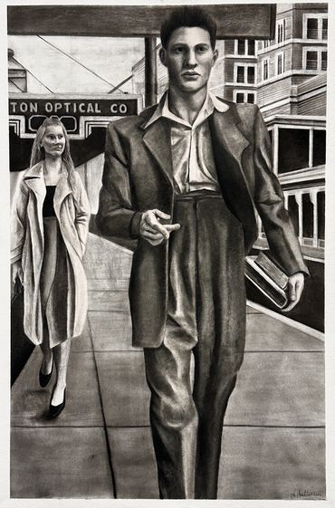 Black and white drawing of a man and woman walking on a city sidewalk.