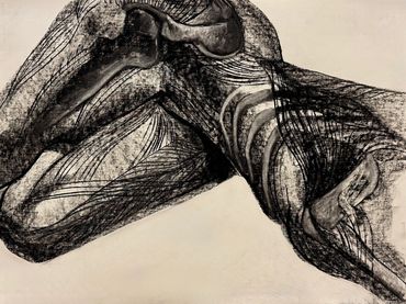 Abstract black ink drawing of a reclining figure with dynamic lines.
