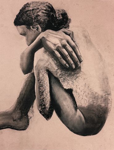 Charcoal sketch of a seated person hugging their knees, conveying introspection.