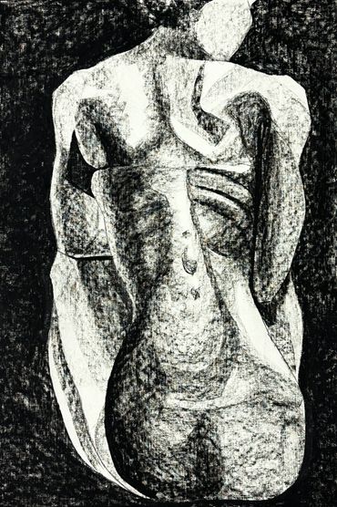 Abstract monochrome drawing of intertwined human forms.