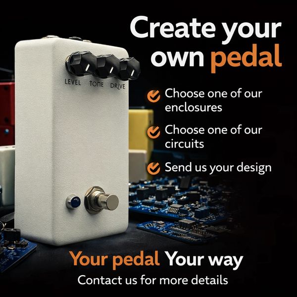 Custom guitar pedal with adjustable level, tone, and drive knobs.