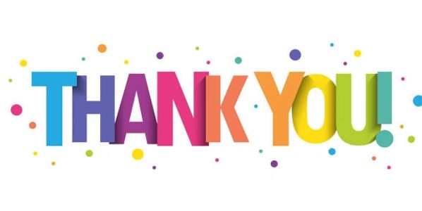 Colorful 'THANK YOU!' text with confetti dots around.