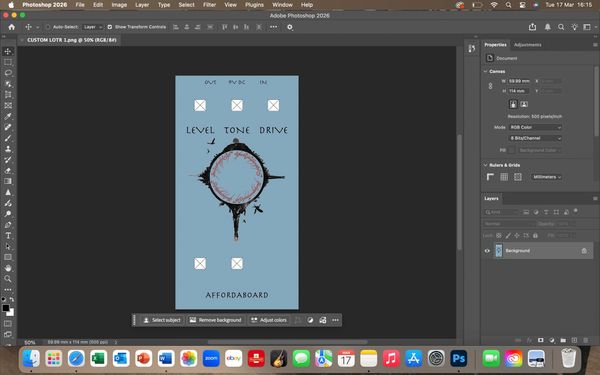 Photoshop workspace showing a graphic design for an audio pedal interface.