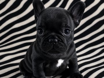 Adorable black French Bulldog puppy sitting on a zebra-striped blanket.