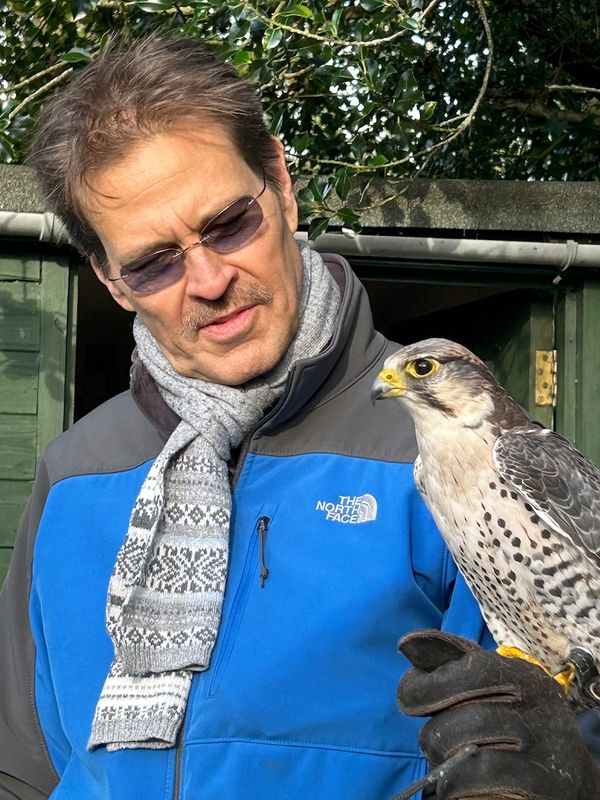 Man wearing sunglasses and scarf holding a falcon on a gloved hand.