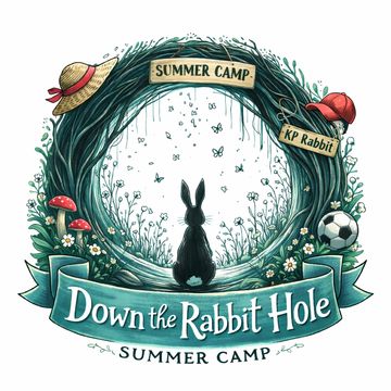 Illustration of a rabbit looking into a magical rabbit hole for summer camp.
