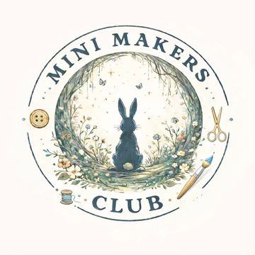 Illustration of a bunny surrounded by crafting tools in a circular logo.