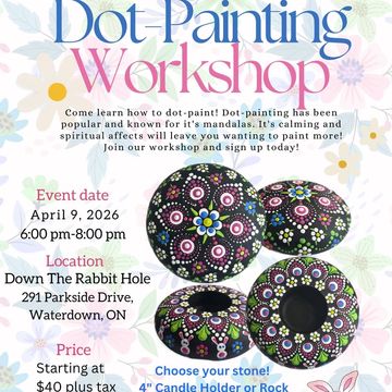 Flyer for a dot-painting workshop with colorful stone art and event details.