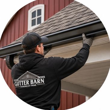 Gutter Barn installer placing black seamless gutters on a red building.