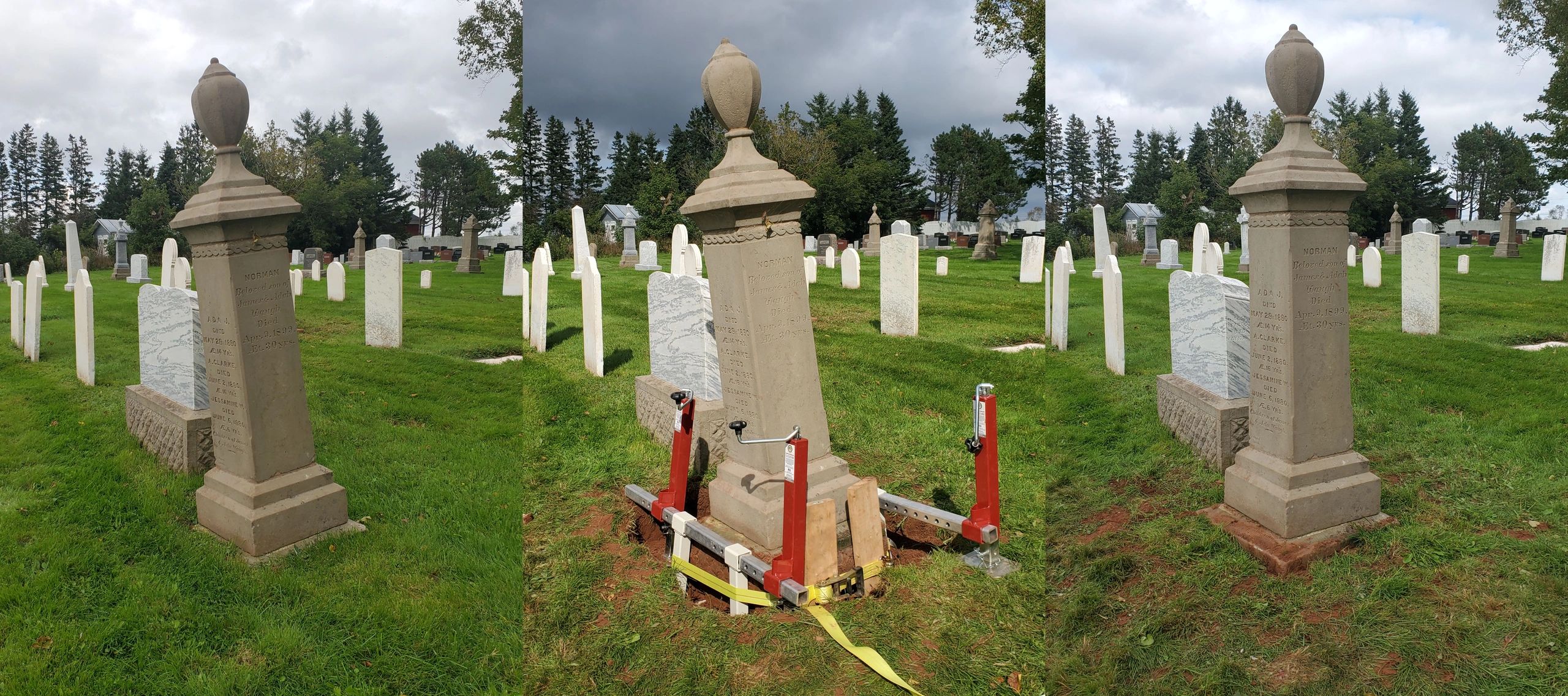 Lifting and straightening a monument.
