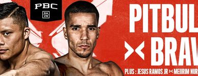 Promotional image for a boxing match featuring Pitbull and Bravo.