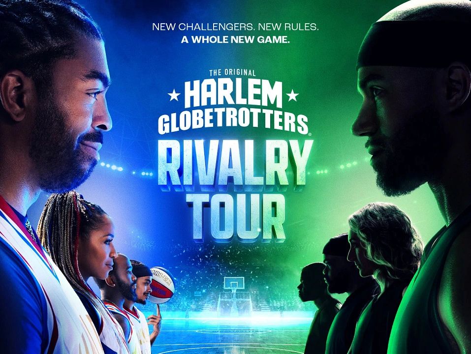 Harlem Globetrotters Rivalry Tour poster with two teams facing off.