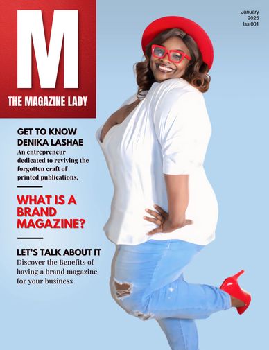 Confident woman in red hat and heels featured on magazine cover about brand magazines.