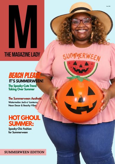 Smiling woman in a Summerween shirt holding a pumpkin on a magazine cover.