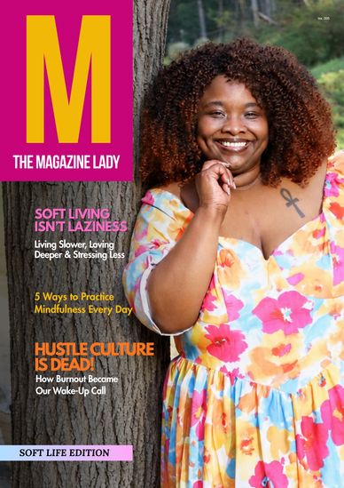Magazine cover featuring a smiling woman embracing soft living and mindfulness.