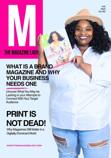 Woman on magazine cover promoting brand magazines and print media.