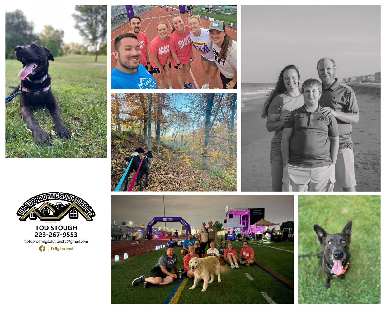 Collage of people, dogs, and outdoor activities including running and hiking.