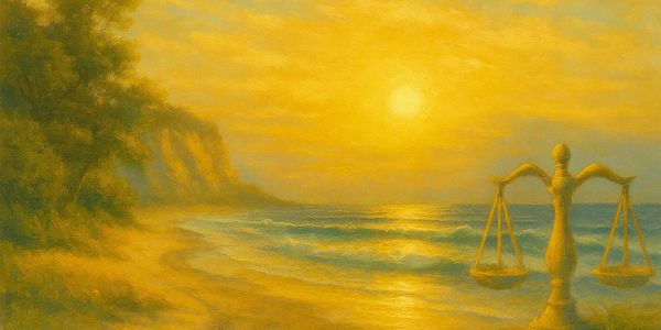 Golden sunset over the ocean with scales of justice on the shore.