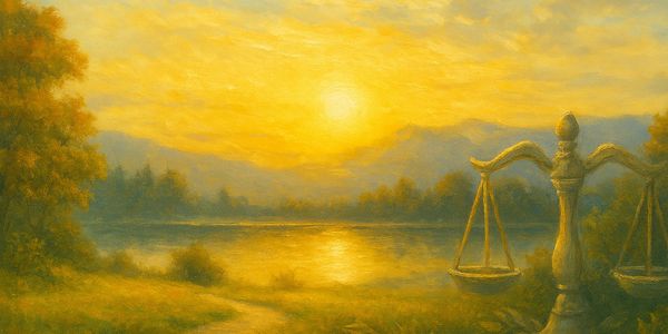 A serene sunset landscape with a golden balance scale in the foreground.